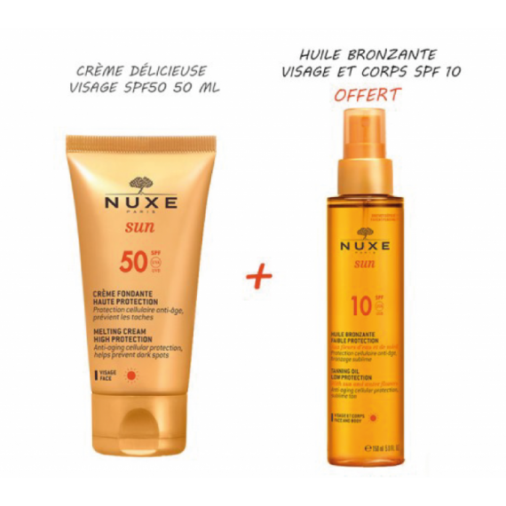 nuxe-sun-creme-fondante-haute-protection-spf-50-aux-fleurs-deau-et-de-soleil-50ml-huile-bronzante-spf-10-faible-protection-150ml